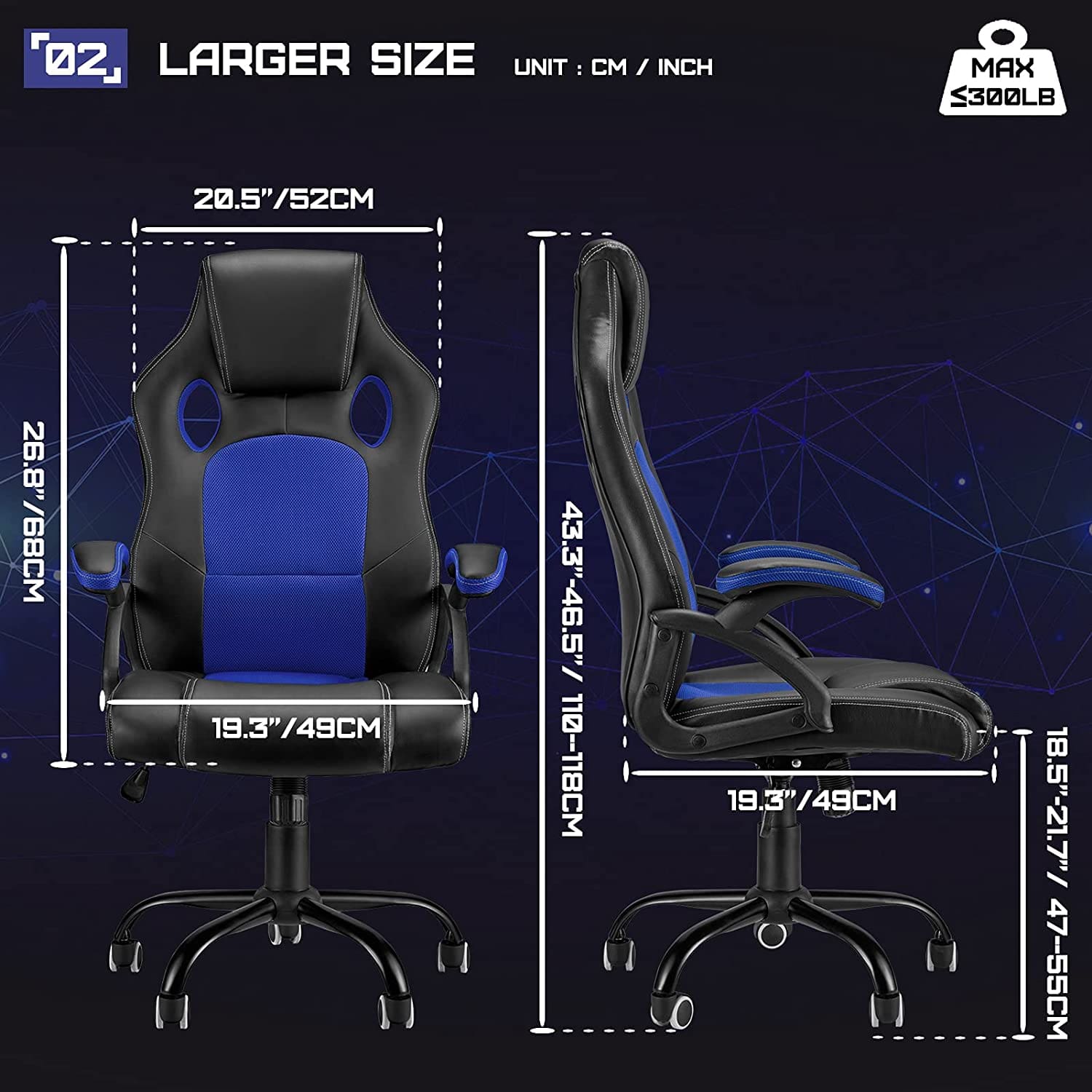 Chaise de Bureau Ergonomique Fauteuil de Bureau Dossier Inclinable Chaise d'ordinateur Hauteur Réglable Fauteuil Gamer Siège Pivotant à roulettes(Bleu) - Image 4