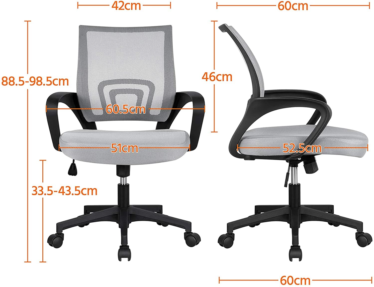 Chaise de Bureau à roulettes Maille Mesh Fauteuil Ordinateur Inclinable Pivotant Siège et Base Plus Larges Hauteur Réglable avec Accoudoirs Gris - Image 4