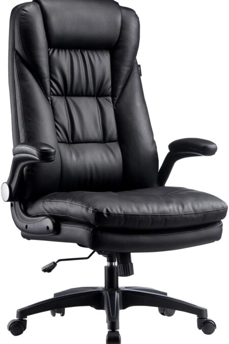 Chaise de Bureau en Similicuir, Fauteuil de Bureau Ergonomique, Siège Exécutif Inclinable, avec Accoudoirs Pliables, Dossier Haut et Appui tête, Noir