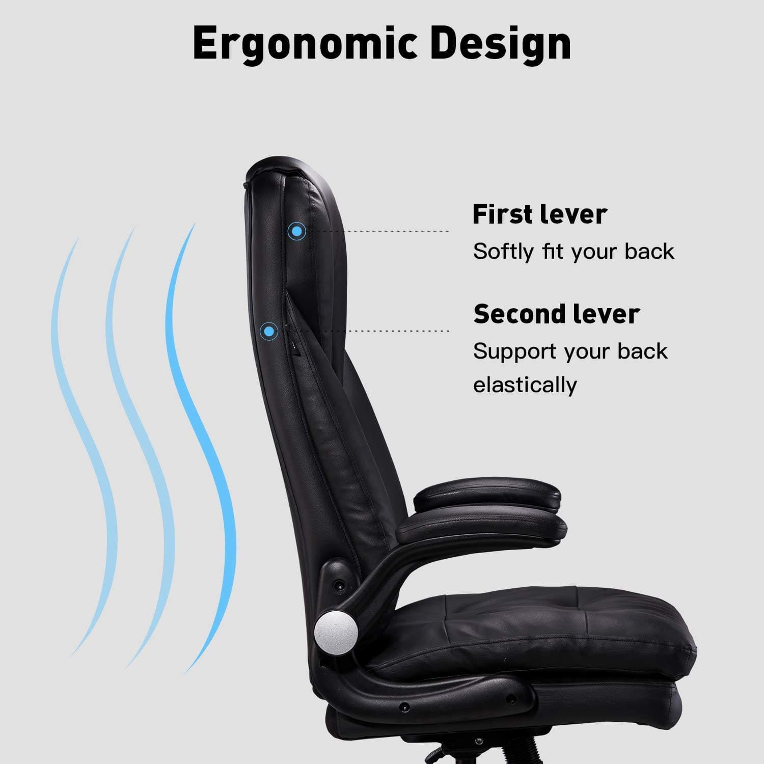 Chaise de Bureau en Similicuir, Fauteuil de Bureau Ergonomique, Siège Exécutif Inclinable, avec Accoudoirs Pliables, Dossier Haut et Appui tête, Noir - Image 2